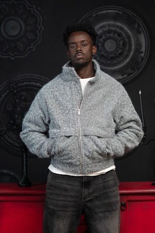 Oversize Crop Model Yan Cepli Astarlı Kırçıllı Mont Gri