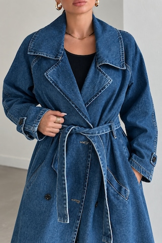 Polo State Kadın Kuşaklı Kruvaze Yaka Oversize Uzun Denim Trençkot Mavi