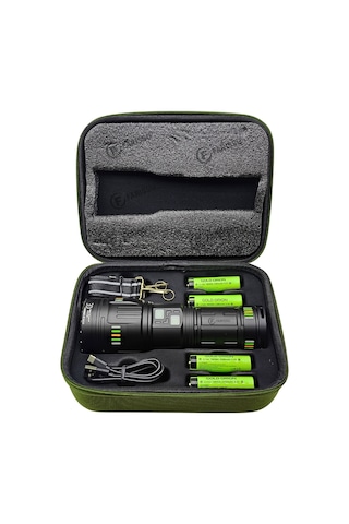 200w Süper Güçlü Lazer Led El Feneri - 6000 Lümen, 3000m Menzil Ve Powerbank Özellikli 4 Pilli Set Siyah