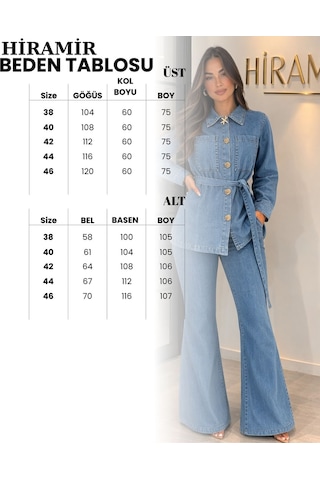 Hiramir Kadın Kot Takım Düğme Detaylı Kuşaklı Ceket Bol Paça Pantolon Takım Yz2521 Ekru