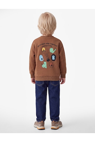 Koton Hayvan Baskılı Şardonlu Bisiklet Yaka Uzun Kollu Sweatshirt Kahverengi 7wmb10118tk Kahve