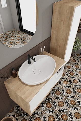 Gül Beyaz 90 Cm Banyo Dolabı Ayna Lavabo Boy Dolabı Beyaz