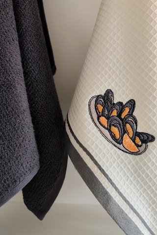 2 Li Mutfak Havlusu %100 Pamuk - Midye Nakışlı - 40x60 Cm Antrasıt Antrasit