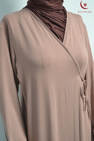 Kadın Yandan Bağlamalı Pamuklu Penye Namaz Elbisesi 38-48 Beden Vizon