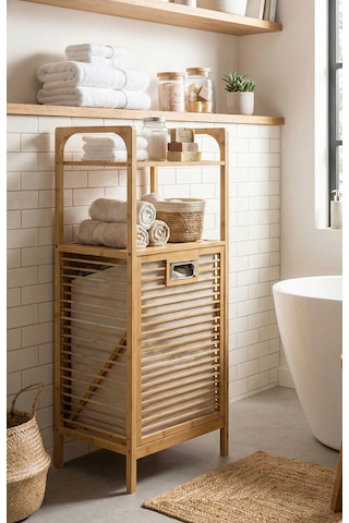 Doğal Bambu Kirli Sepetli 2 Raflı Çok Amaçlı Banyo Düzenleyici Çamaşır Sepeti Organizer Bej