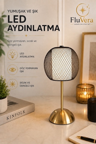 Şarjlı Siyah Telli Led Masa Lambası Kablosuz Dokunmatik Usb-c Taşınabilir Dekoratif Gece Lambası Siyah