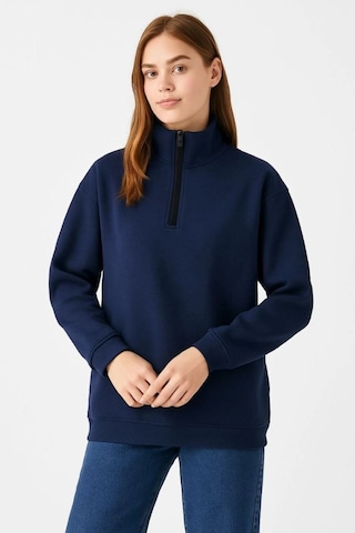 Mbb E-ticaret Kadın 3 İplik Pamuklu Dık Yaka Yarım Fermuarlı Sweatshirt - Lacivert