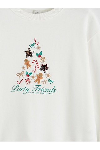 LC Waikiki Lcw Kids Ekru Yılbaşı Temalı Kız Çocuk Kalın Sweatshirt Ecru