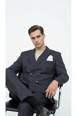 Plus Scorpion Siyah Çizgili Erkek Kruvaze Blazer Ceket İtalyan Kesim, Şık Ve Modern Siyah