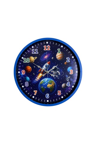 Galaksi Macerası 36 X 36 Cm Mavi Çocuk Duvar Saati Renkli