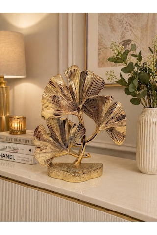 Duygu Ve Yaşam Tarzı Odaklı Gold Ginkgo Yaprağı Lüks Dekoratif Metal Biblo Heykel Obje 29 Cm X 23 Cm Çok Renkli
