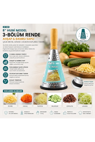 8 İnç - Huni Model Ahşap - Bambu Saplı Metal Rende Silikon Tabanlı 50001 002 Kırmızı