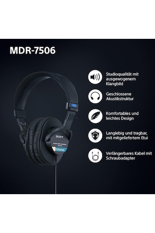 Sony Mdr-7506 Arkası Kapalı Kablolu Stüdyo Monitör Kulaklıkları 10hz-20khz 63 Ohm Hafif Katlanabilir Tasarım 227g Stüdyo Kayıt Ve Miksleme İçin İdeal Siyah Taşıma Çantasıyla