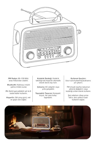 Bluetooth Nostaljik Speaker Fm/am/sw Radyo Şarj Edilebilir Aydınlatmalı Retro Hoparlör