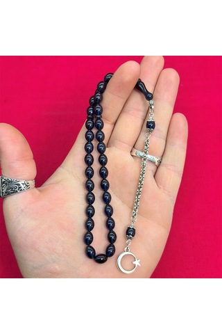 Koyu Mavi Renk Sıkma Ateş Kehribar Tesbih
