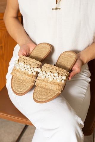 Dabab Shoes Mınoa Kadın İnci Detaylı Hasır Dokulu Düz Bej Terlik