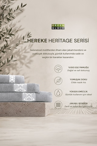 Hereke Heritage Serisi 3 Lü Havlu Seti Krem Bordürlü Gri, %100 Ege Pamuğu, Jakarlı Dokuma, 3 Parça Havlu Seti