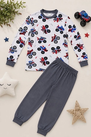 Ertaş Trend Store Erkek Çocuk Premium Penye Canavar Araba Desenli Uzun Kollu Pijama Takımı 2-11 Yaş - Füme Çok Renkli