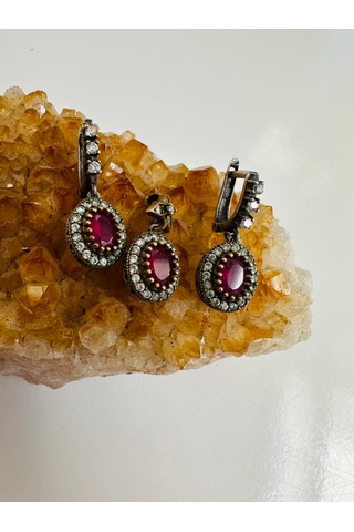 Gümüş Set Takım 1 Çift Küpe Ve 1 Kolye Yakut Ve Zirkon Taşlı