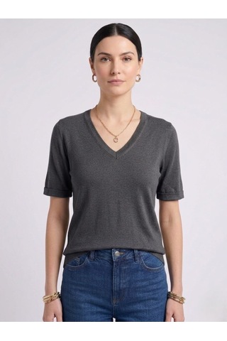 Neden Tekstil Kadın V Yaka Kısa Kollu Basic T-shirt - Antrasit