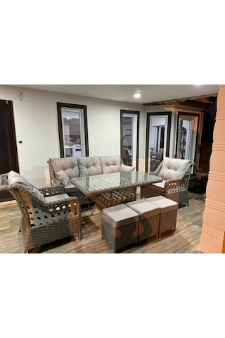 Neps Metal Rattan Bahçe Takımı 3+1+1, 2 Adet Puf Orta Masa Açık Gri