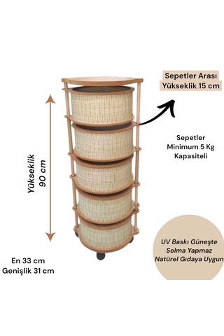 5 Katlı Ahşap Sebzelik Tekerlekli Naturel Gıdaya Uygun Kaliteli Mdf Modern Açık Kahverengi