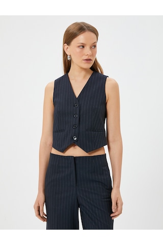Koton Blazer Yelek Fleto Cep Detaylı V Yaka Slim Fit Lacivert Çizgili 4sak20105uw Lacivert