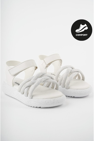 Muggo Jazz Garantili Günlük Ortopedik Hafif Taban Örgü Detaylı Cırtlı Kız Çocuk Sandalet Beyaz