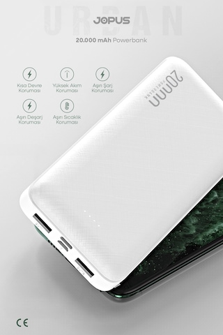 Jopus 20000mah Powerbank - Led Işık Göstergeli - Taşınabilir Şarj Cihazı Beyaz