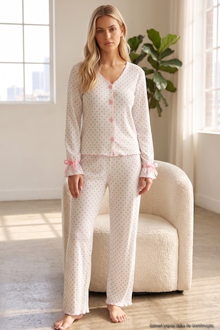 Siyah İnci Desenli Bürümcük-krınkıl Kurdele Detaylı Düğmeli Hırka Pijama Takım 26223921 Beyaz Gri Puan
