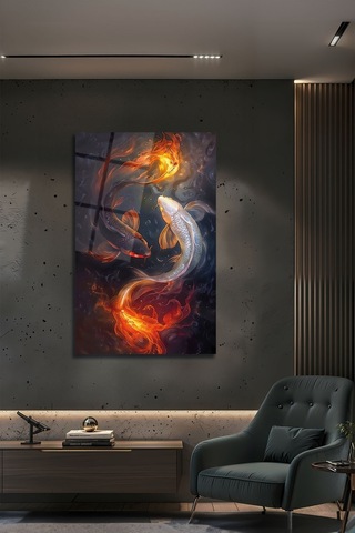 Yin Yang Koi Balığı Ateş Ve Su Mistik Dekoratif Cam Tablo Feng Shui Enerji Duvar Sanatı Modern Dekorasyon Temalı Dekoratif Duvar Tablosu, Salon, Ev Ve Ofis Dekoru,