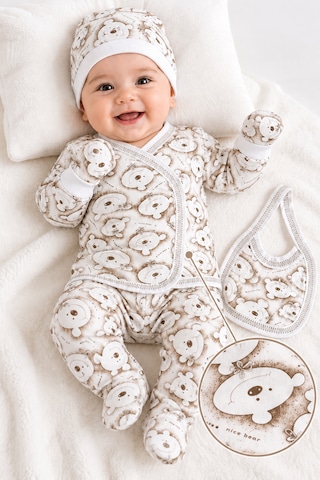 Hece Bebe %100 Pamuklu 5 Parça Yenidoğan Mutlu Ayıcık Desenli Hastane Çıkışı Seti Bebek Zıbın Takımı, Şapka, Önlük, Eldiven Ekru - Kahverengi