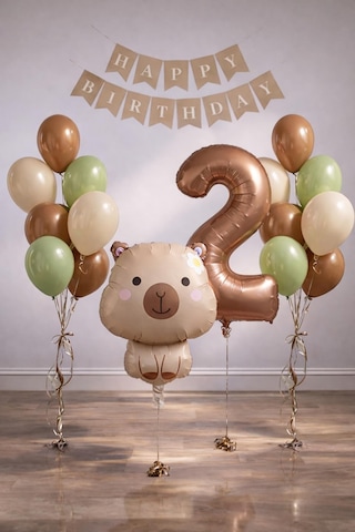 Capybara Temalı 2 Yaş Doğum Günü Balon Süsleme Seti Karamel Doğal Ton Parti Seti Bej - Krem