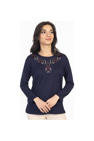 Yeni Model 2024 Nakış İşlemeli Yuvarlak Yaka Likralı Anne Penye Bluz 6450-lacivert