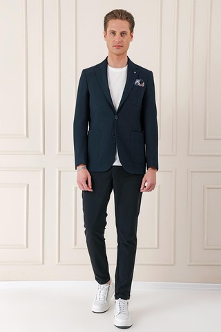 Comfort Fit Torba Cep Şeritli Dokuma Pamuk Casual Lacivert Ceket C 670 Lacivert