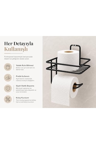 Yapışkanlı Siyah Raflı Tuvalet Kağıtlığı, Delmeden Montaj Duvar Tipi Tuvalet Kağıdı Tutucu, Banyo Ve Wc Organizer 16.5 x 12.2 x 11.2 CM