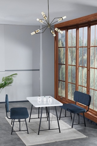 Hayat 70x110 Beyaz Mutfak Masası, Mutfak Masası Takımı, Yemek Masası, 2 Benchli - Lacivert Açık Gri
