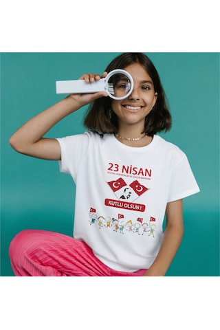 Alpşan Ticaret 23 Nisan Çocuk Bayramı Baskılı Çocuk Tişört 23 Nisan T-shirt 47 Beyaz