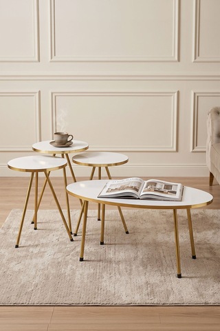 Gees Global Gold Oval Sehpa Seti Beyaz 4'lü Gbzs