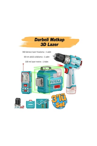Total TOSLI250101E Avantaj 3'lü Set Darbeli Matkap 16V + Kablosuz 3D Lazer 100 Metre Hizalama Ölçme