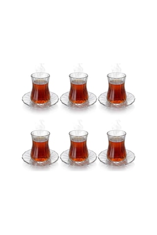 Lexroo 12 Parça Çay Seti - 6 Adet Fitil Desenli Cam Çay Bardağı Ve 6 Adet Cam Çay Tabağı Çok Renkli
