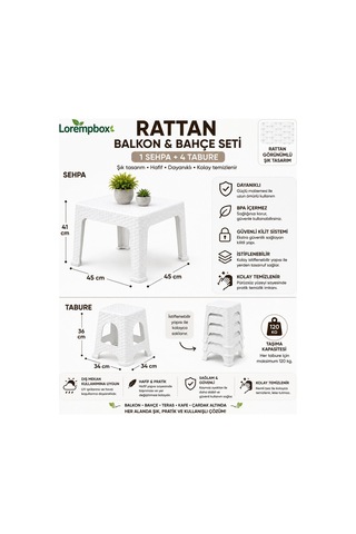 Lorempbox Rattan Balkon & Bahçe Seti 5 Parça 1 Sehpa + 4 Tabure Beyaz Diğer