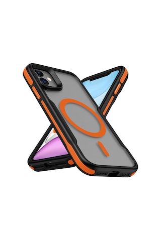 Apple Uyumlu iPhone 11 Uyumlu Magsafe Şarj Özellikli Renkli Kenar Airbag Şeritli Lamer Kapak-turuncu -