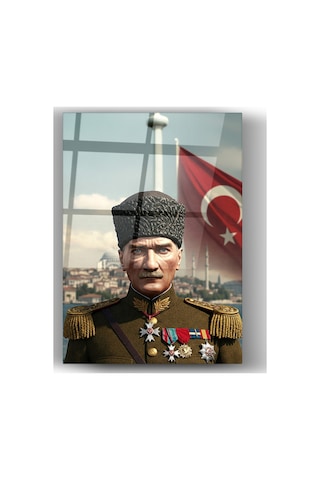 Atatürk Askeri Üniformalı Türk Bayraklı Cam Tablo Mustafa Kemal Atatürk Portresi Ev Ve Ofis Dekoru