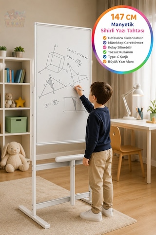 Manyetik Sihirli Yazı Tahtası Silinebilir Eğitim Çizim Yazı Panosu Type-c Şarjlı 147 Cm Beyaz