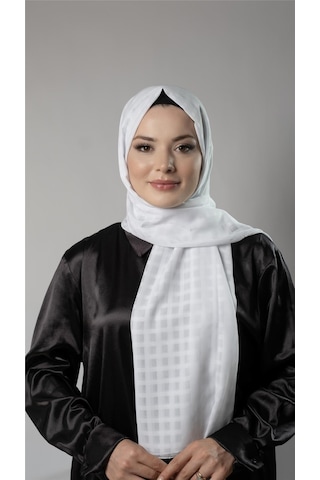 Hürrem Bone Beyaz Desenli Şal Şifon Kumaş Kareli Çizgili 202107 42 Beyaz