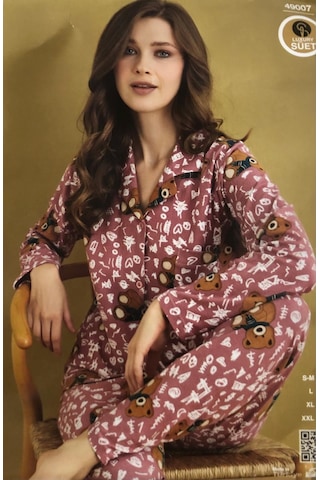 Çağrı Kadın Kışlık Süet Uzun Kollu Önü Düğmeli Yumuşak Dokulu Pijama Takımı Gül Kurusu