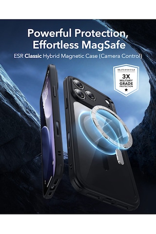 Esr Apple Uyumlu iPhone 17 Pro Max Kamera Kontrol Koruma Butonlu Classic Hybrid Magsafe Kılıf+cam li Set Şeffaf Siyah
