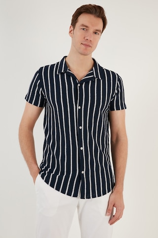 Buratti Çizgili Pamuk Karışımlı Kısa Kollu Apaş Yaka Regular Fit Erkek Gömlek Cf24S117664 Lacivert