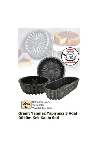 3'lü Granit Döküm Kek Kalıbı Seti Turta Kalıbı Baton Kek Kalıbı Yuvarlak Kek Kalıbı Seti Siyah